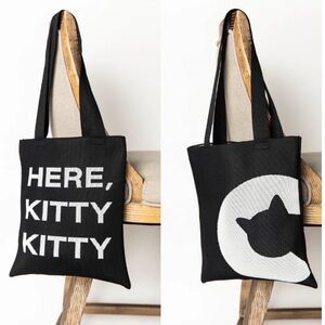 Black Canvas Kitty Tote Bag with White Graphic and Cat Collage Tumbler